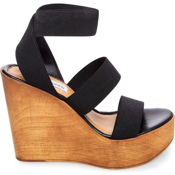 Steve Madden Black Blondy Wood Block Platform Wedge Elastic Stretch Sandals 7 - Picture 2 of 7